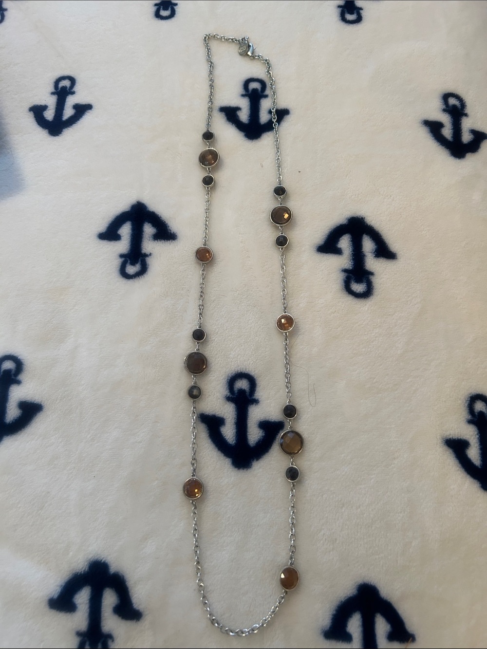 Long Silver Chain Necklace with Brown and Gray Gem Accents